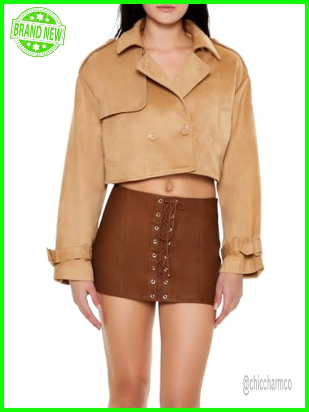 Faux Suede Double-Breasted Cropped Trench Coat Womens Long Sleeve